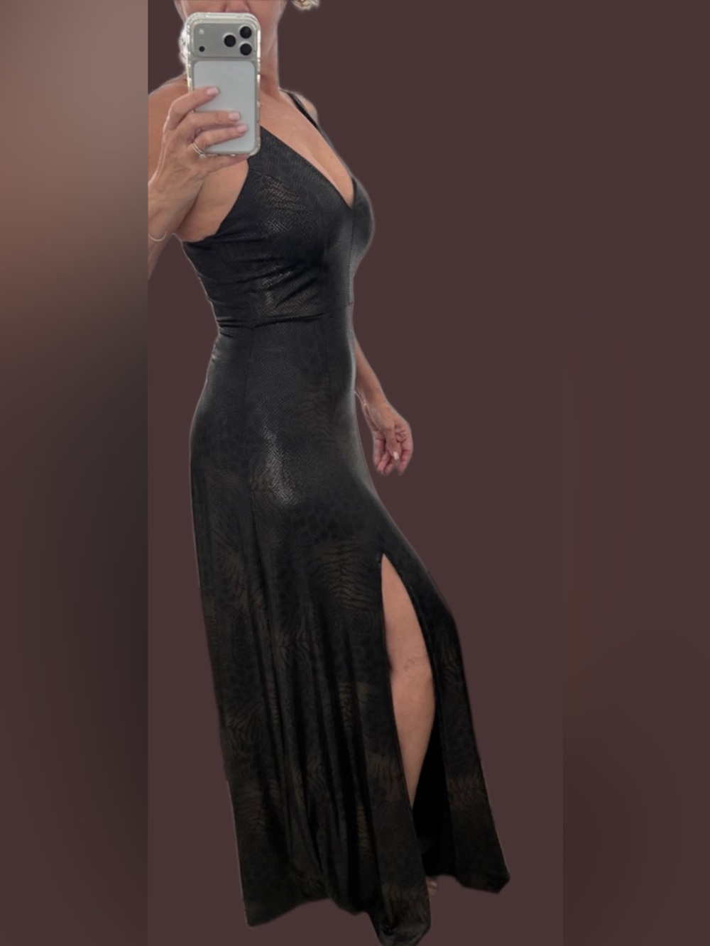 Sleek V-Neck Metallic Brown Maxi Dress
